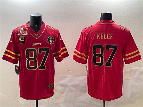Kansas City Chiefs #87 Travis Kelce Red Gold 2025 Super Bowl LIX Patch And 4-Star C Patch Vapor Untouchable Limited Stitched Jersey - Zenithce