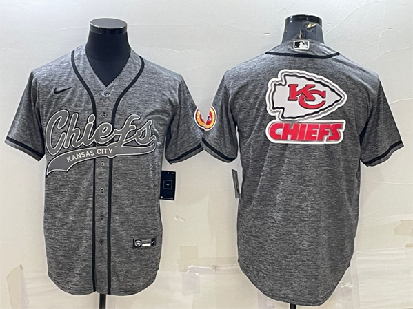 Kansas City Chiefs Grey Team Big Logo With Patch Cool Base Stitched Baseball Jersey - Zenithce