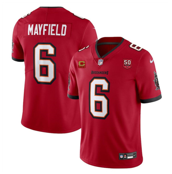 Tampa Bay Buccaneers #6 Baker Mayfield Red 2025 50th Anniversary Patch And 4-Star C Patch Vapor Untouchable Limited Football Stitched Jersey - Zenithce