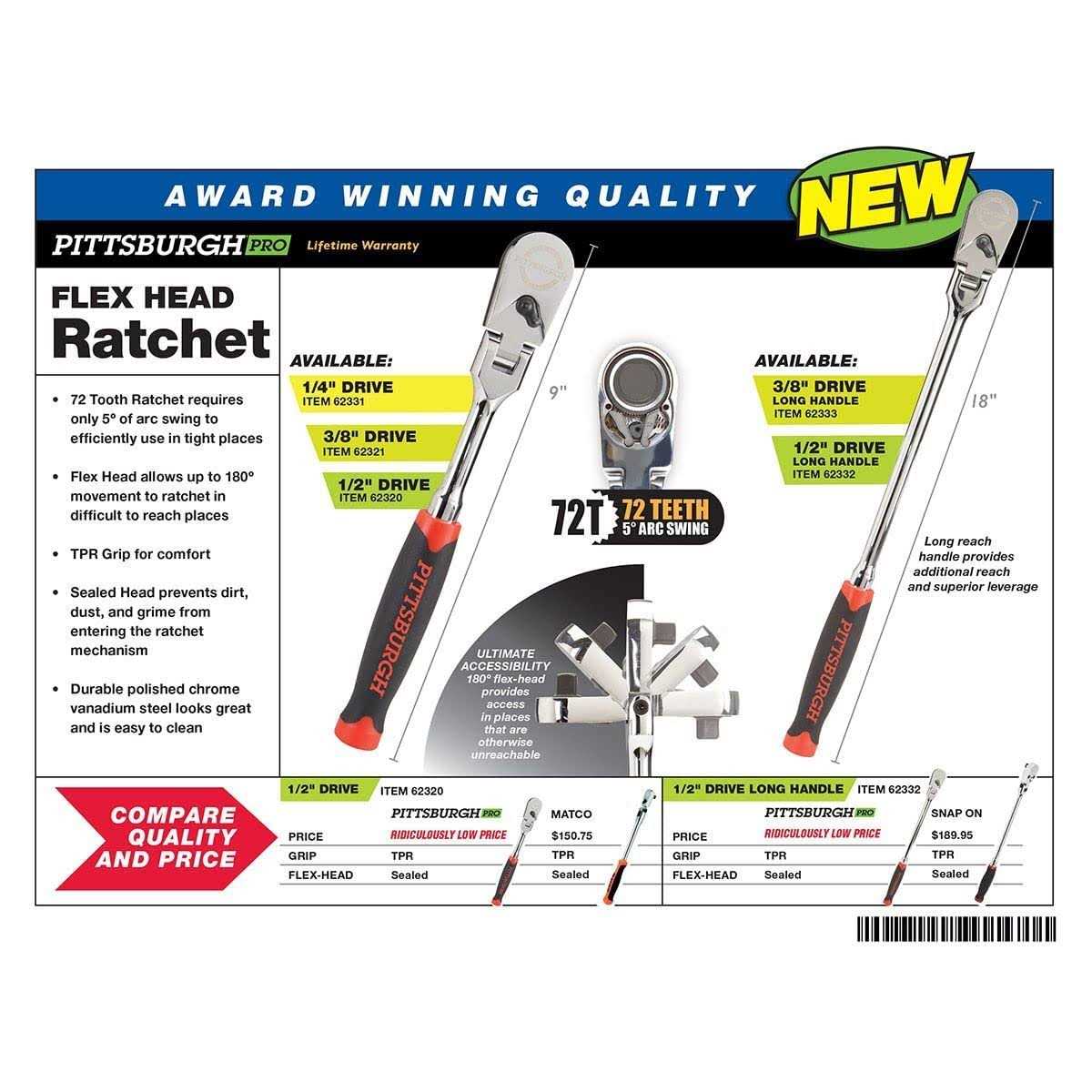 Pittsburgh Pro 1/2 Inch Drive Professional Flex Head Long Handle Ratchet - Zenithce