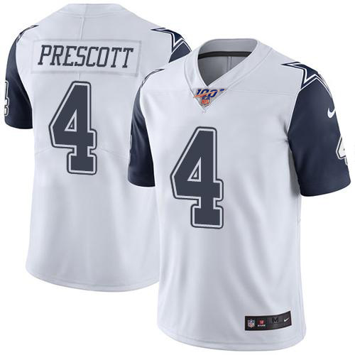 Cowboys 100th #4 Dak Prescott White Stitched Limited Rush Nike Jersey - Zenithce