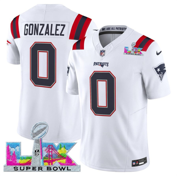 New England Patriots #0 Christian Gonzalez White 2025 F.U.S.E. Super Bowl LX Patch Vapor Limited Stitched Jersey - Zenithce