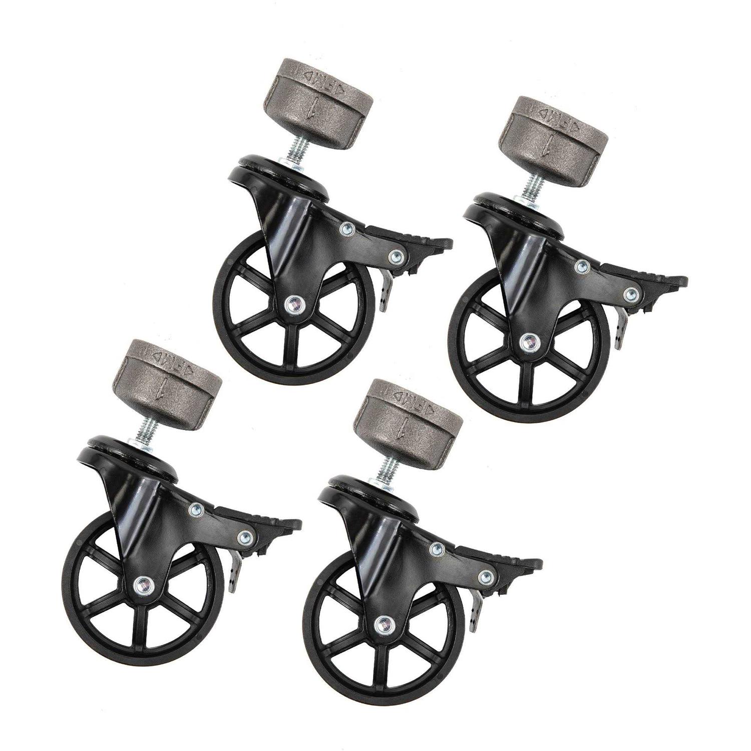 PIPE DECOR Black Malleable Iron Cap Fitting with 3 in. Caster Wheel for Pipe Furniture - Zenithce