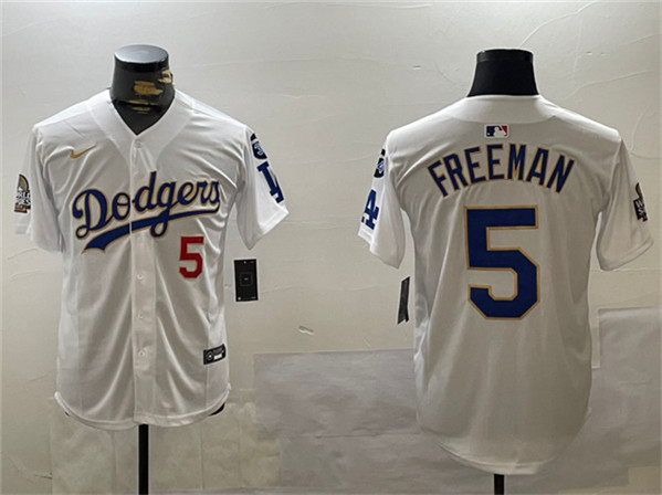 Los Angeles Dodgers #5 Freddie Freeman White Gold 2024 World Series With Fernando Memorial Patch Home Limited Stitched Jersey - Zenithce
