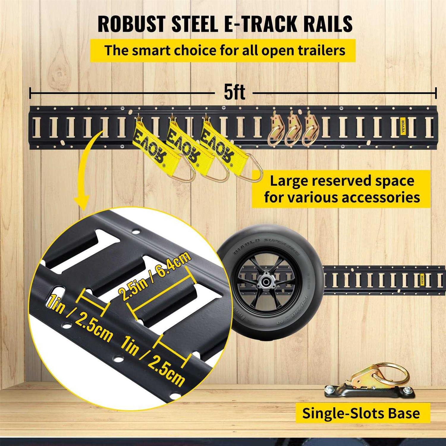 VEVOR E Track Tie-Down Rail Kit 34pcs 5ft E-Tracks Set Includes 8 Steel Rails & 2 Single Slot & 8 O Rings & 8 Tie-Offs w/D-Ring & 8 End Caps - Zenithce
