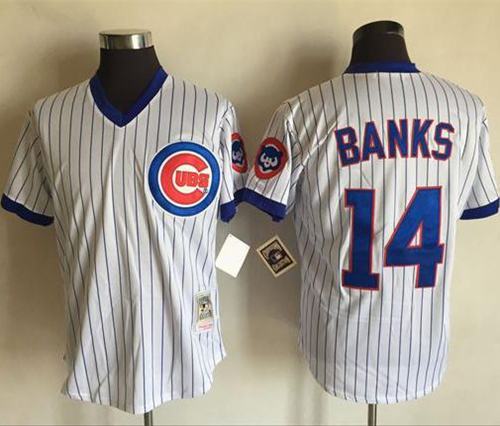 Mitchell And Ness Cubs #14 Ernie Banks White(Blue Strip) Throwback Stitched Jersey - Zenithce
