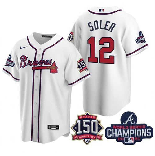 Atlanta Braves #12 Jorge Soler 2021 White World Series Champions With 150th Anniversary Patch Cool Base Stitched Jersey - Zenithce