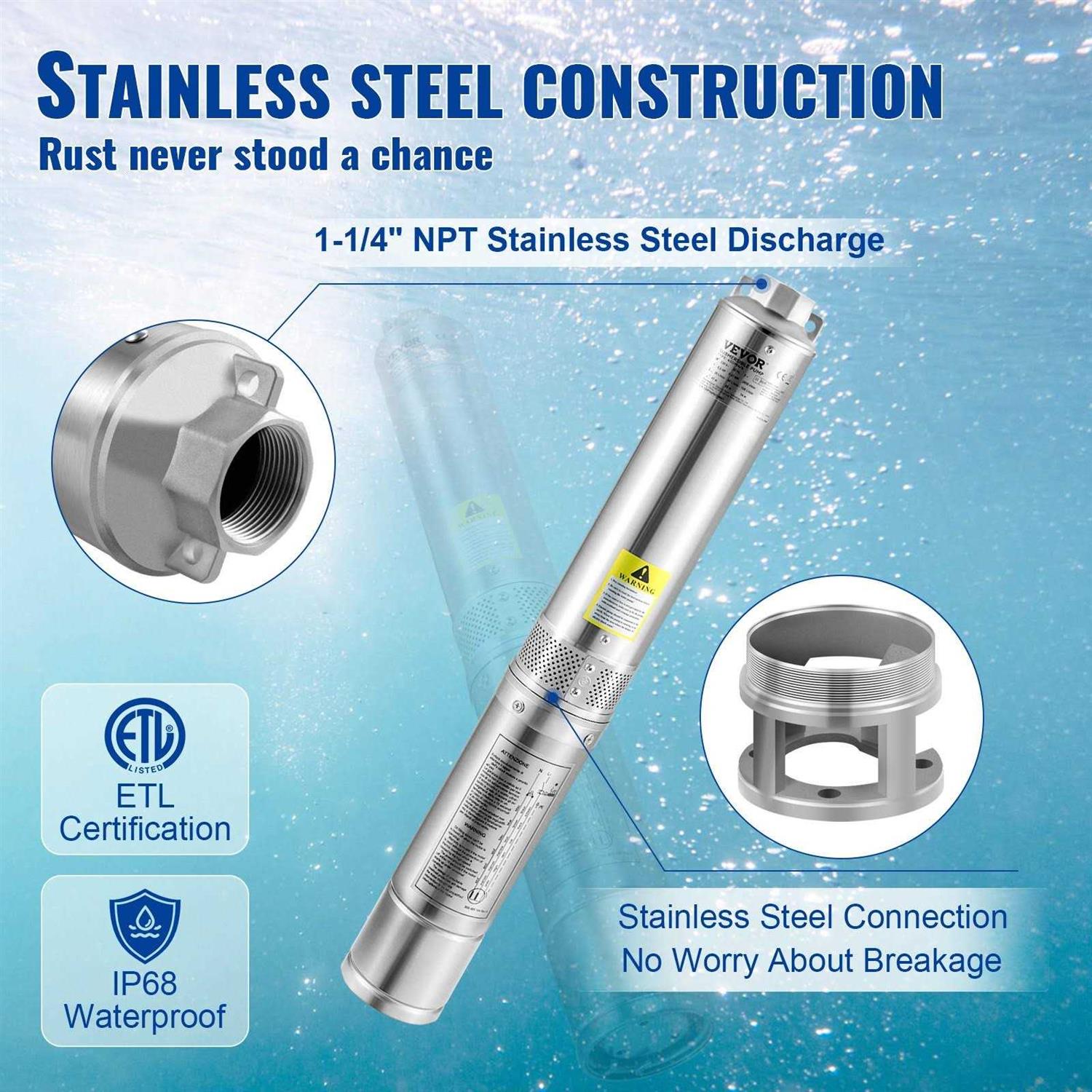 VEVOR Deep Well Submersible Pump 230V/60Hz 37GPM Head - Zenithce
