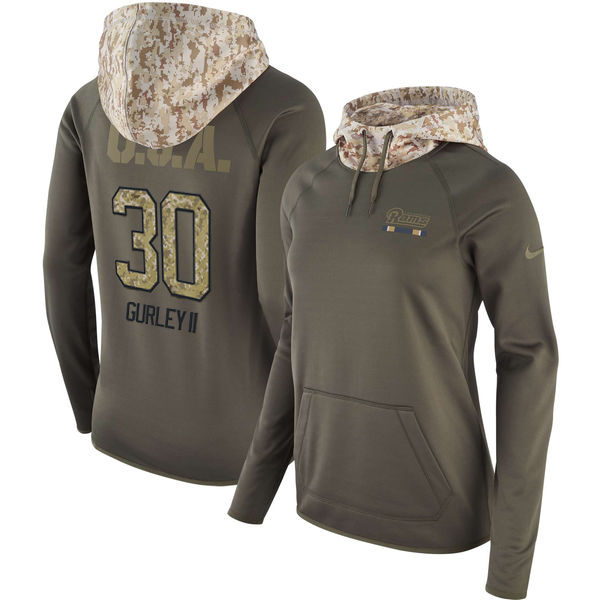 Women's Los Angeles Rams #30 Todd Gurley Olive Salute To Service Sideline Therma Pullover Hoodie - Zenithce