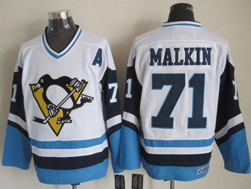 Penguins #71 Evgeni Malkin White Blue CCM Throwback Stitched Jersey - Zenithce