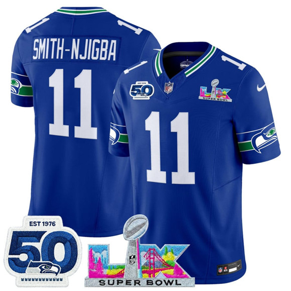 Seattle Seahawks #11 Jaxon Smith-Njigba Royal 2025 F.U.S.E. Super Bowl LX Patch And 50th Season Patch Vapor Throwback Limited Stitched Jersey - Zenithce
