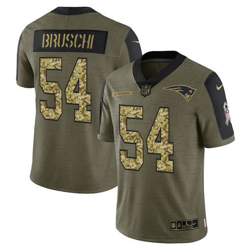 New England Patriots #54 Tedy Bruschi 2021 Olive Camo Salute To Service Limited Stitched Jersey - Zenithce
