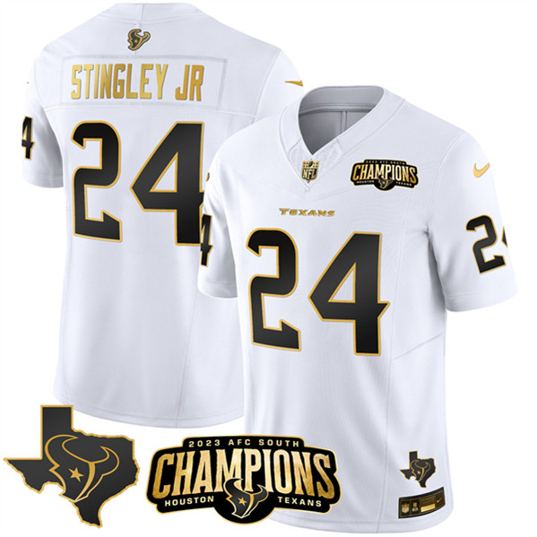 Houston Texans #24 Derek Stingley Jr. White Golden 2023 F.U.S.E. With AFC South Champions Patch And Team Logo Patch Limited Stitched Jersey - Zenithce