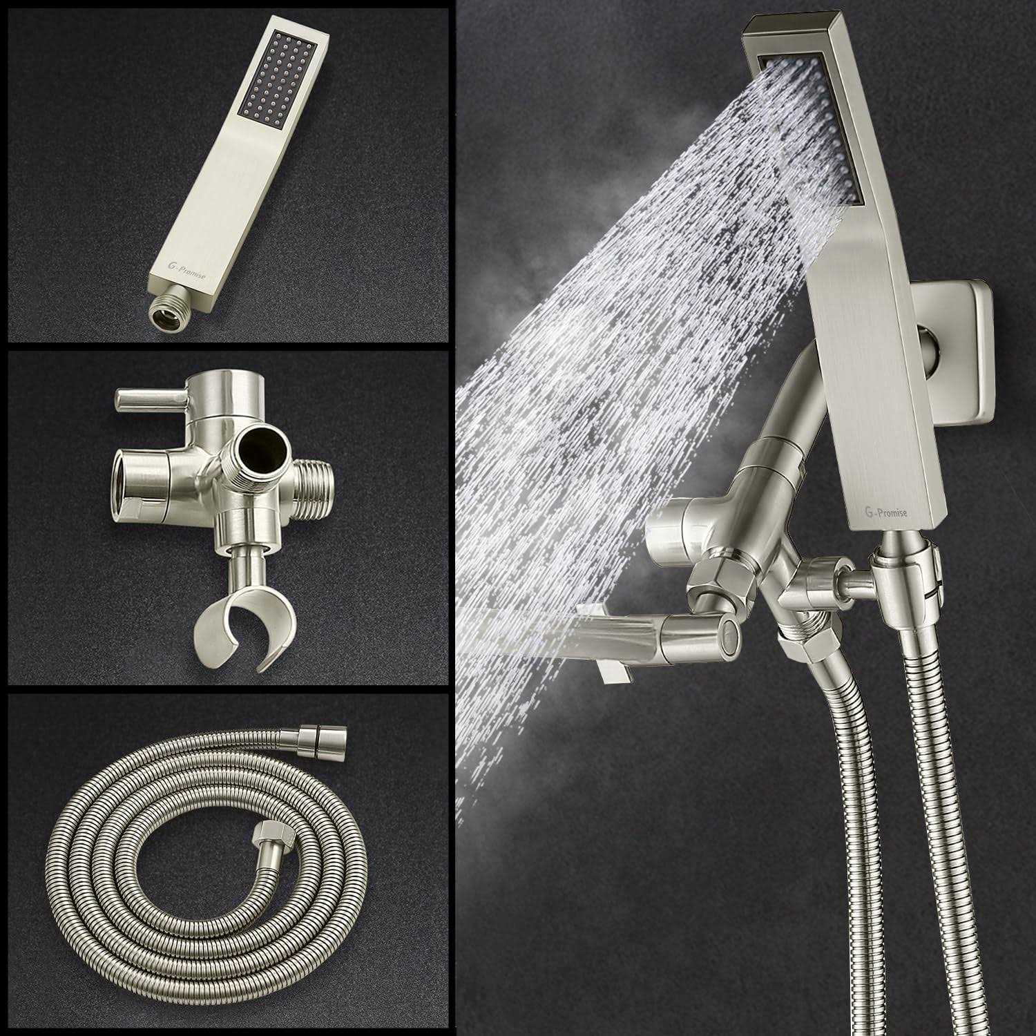 G-promise All Metal Dual Square Shower Head Combo 8 inch Rain Shower Head - Zenithce