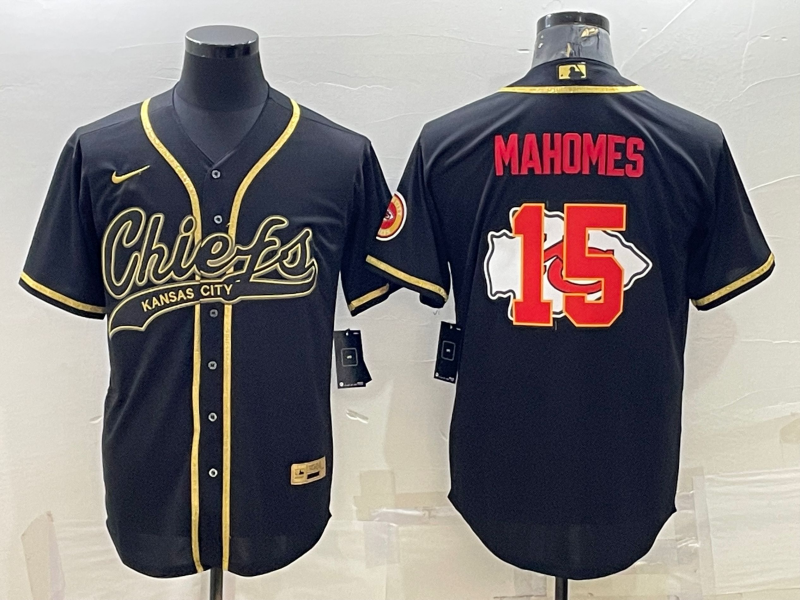 Kansas City Chiefs #15 Patrick Mahomes Black Gold Team Big Logo With Patch Cool Base Stitched Baseball Jersey - Zenithce