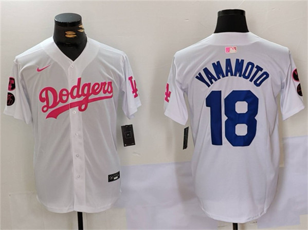 Los Angeles Dodgers #18 Yoshinobu Yamamoto White Pink Vin Kobe Patch Stitched Jersey - Zenithce