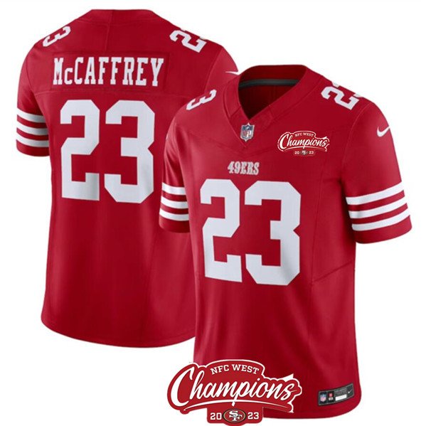 San Francisco 49ers #23 Christian McCaffrey Red 2023 F.U.S.E. NFC West Champions Patch Stitched Jersey - Zenithce