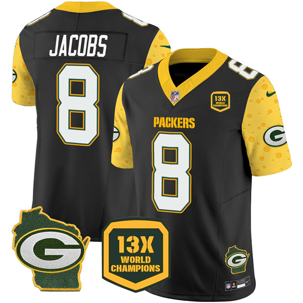 Green Bay Packers #8 Josh Jacobs Black 2024 F.U.S.E. 13 Time World Champions And Home Patch Vapor Untouchable Limited Stitched Jersey - Zenithce