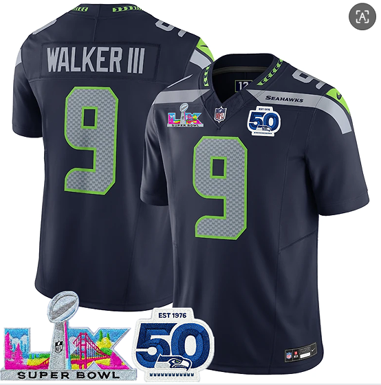 Seattle Seahawks #9 Kenneth Walker III Navy 2025 F.U.S.E. Super Bowl LX Patch And 50th Season Patch Vapor Limited Stitched Jersey - Zenithce