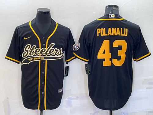 Pittsburgh Steelers #43 Troy Polamalu Black Gold With Patch Cool Base Stitched Baseball Jersey - Zenithce
