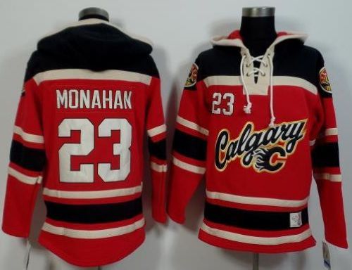 Flames #23 Sean Monahan Red Black Sawyer Hooded Sweatshirt Stitched Jersey - Zenithce