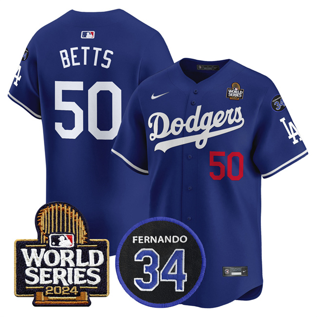 Los Angeles Dodgers #50 Mookie Betts Royal 2024 World Series With Fernando Memorial Patch Limited Stitched Jersey - Zenithce