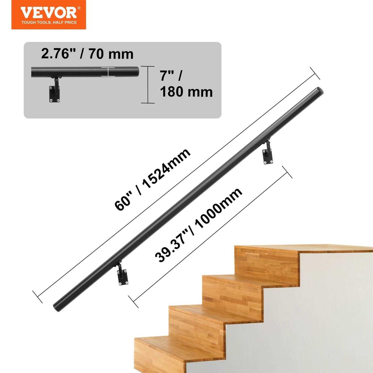 VEVOR Handrail Stair Railing 7 in. H x Wall Mount Handrails for Outdoor Stairs Black Aluminum Alloy Stair Railing Kit - Zenithce