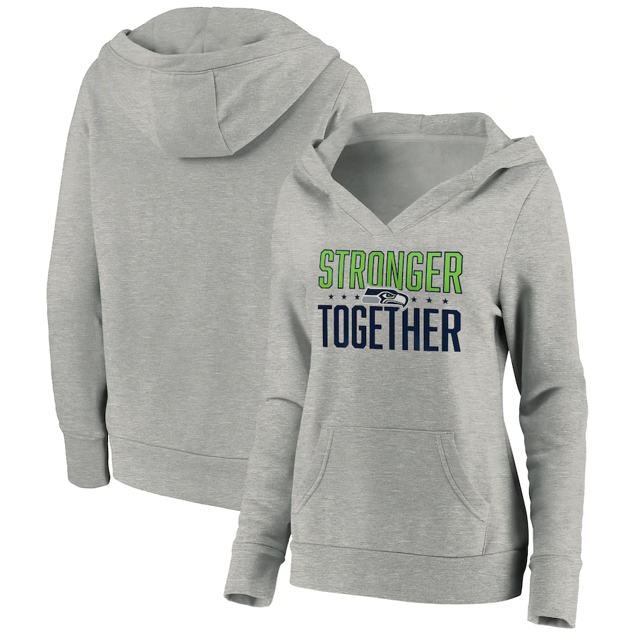 Women's Seattle Seahawks Heather Gray Stronger Together Crossover Neck Pullover Hoodie(Run Small) - Zenithce