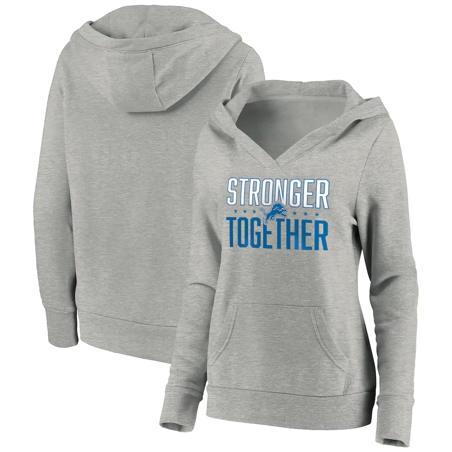Women's Detroit Lions Heather Gray Stronger Together Crossover Neck Pullover Hoodie(Run Small) - Zenithce