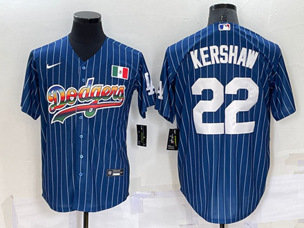 Los Angeles Dodgers #22 Clayton Kershaw Navy Mexico Rainbow Cool Base Stitched Baseball Jersey - Zenithce