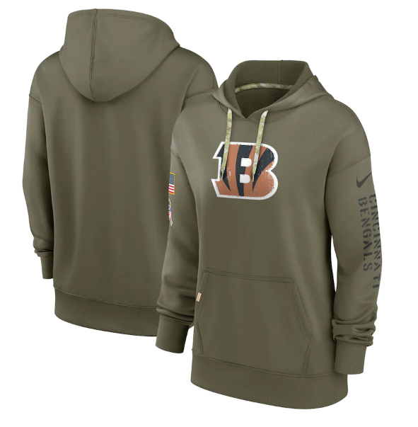 Women's Cincinnati Bengals 2022 Olive Salute To Service Therma Performance Pullover Hoodie(Run Small) - Zenithce