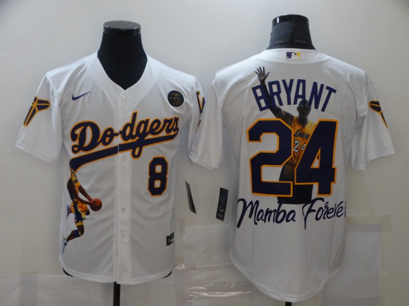 Los Angeles Dodgers Front #8 Back #24 Kobe Bryant White With KB Patch Cool Base Stitched Jersey - Zenithce
