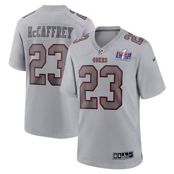 San Francisco 49ers #23 Christian McCaffrey Gray 2024 Super Bowl LVIII Patch Atmosphere Fashion Stitched Game Jersey - Zenithce