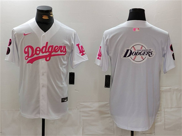 Los Angeles Dodgers Team Big Logo White Pink Vin Kobe Patch Stitched Jersey - Zenithce