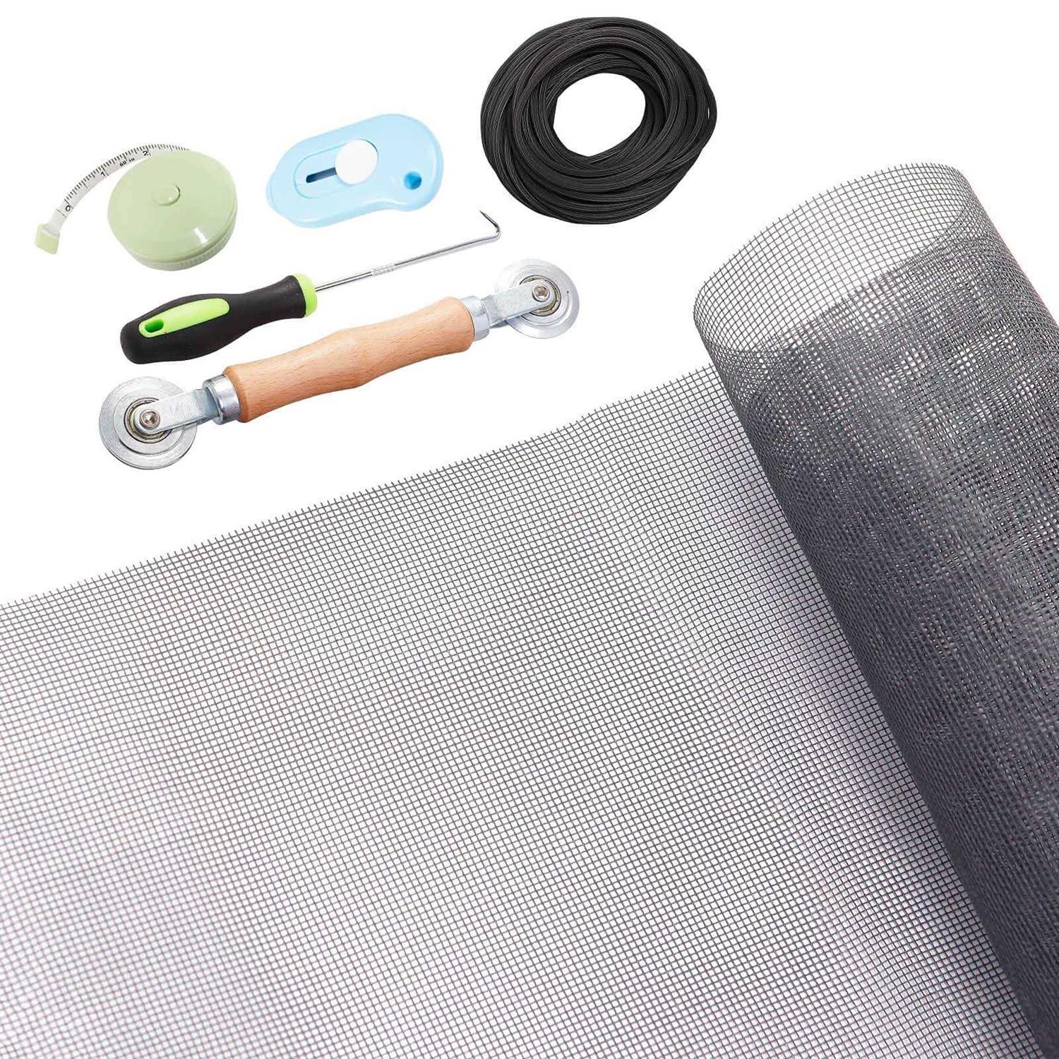 Windows Screen and Screen Door Repair Kit 48×118 Charcoal Fiberglass Mesh with Rolling Tool/Hook/Ruler/Cutter/Spline - Zenithce