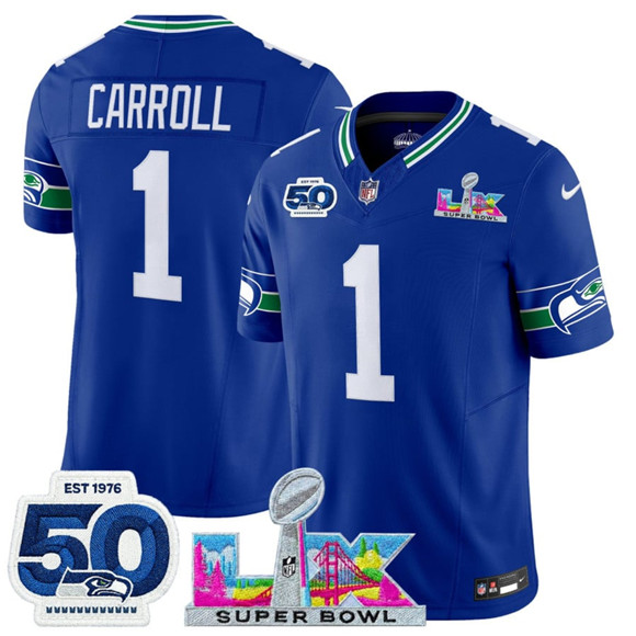 Seattle Seahawks #1 Pete Carroll Royal 2025 F.U.S.E. Super Bowl LX Patch And 50th Season Patch Vapor Throwback Limited Stitched Jersey - Zenithce