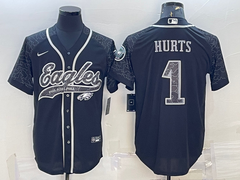 Philadelphia Eagles #1 Jalen Hurts Black Reflective With Patch Cool Base Stitched Baseball Jersey - Zenithce