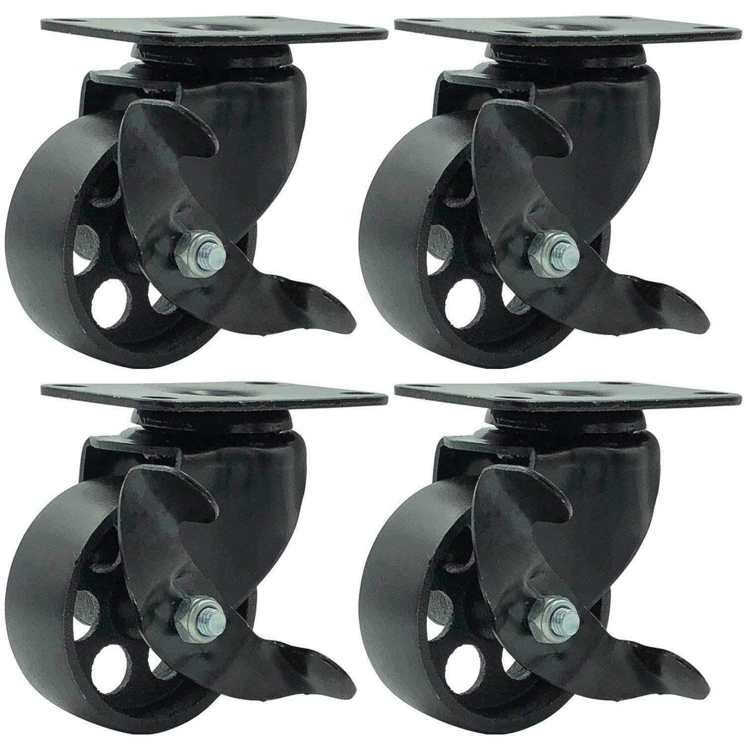 Factorduty 4 All Black Metal Swivel Plate Caster Wheels w/Brake Lock Heavy Duty High-Gauge Steel - Zenithce