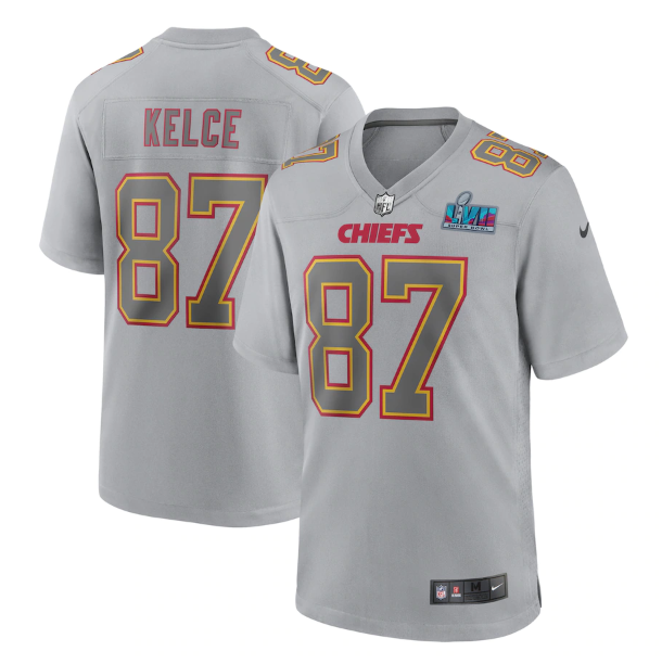 Kansas City Chiefs #87 Travis Kelce Grey Super Bowl LVII Patch Atmosphere Fashion Stitched Game Jersey - Zenithce