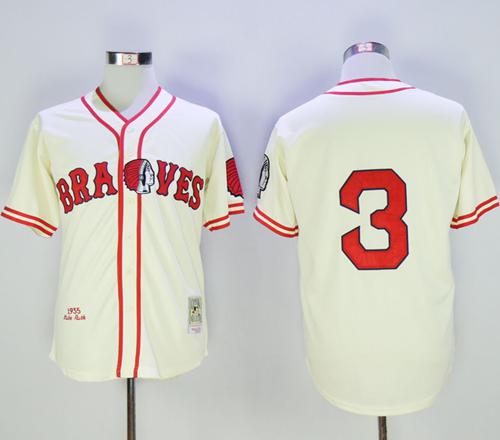 Mitchell And Ness Braves #3 Babe Ruth Stitched Cream Throwback Jersey - Zenithce