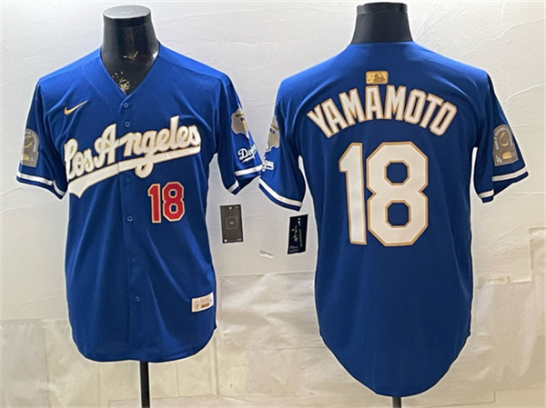 Los Angeles Dodgers #18 Yoshinobu Yamamoto Royal 2026 Gold Collection 9x B2B Champs Patch Stitched Jersey - Zenithce