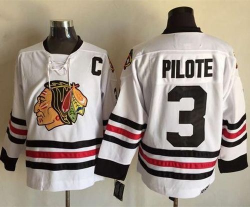 Blackhawks #3 Pierre Pilote White CCM Throwback Stitched Jersey - Zenithce