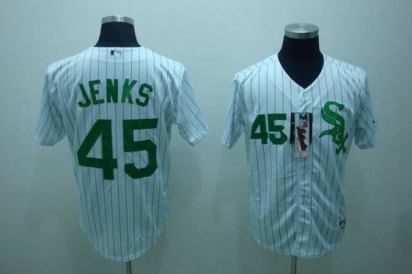 White Sox #45 Bobby Jenks Stitched White Green Strip Jersey - Zenithce