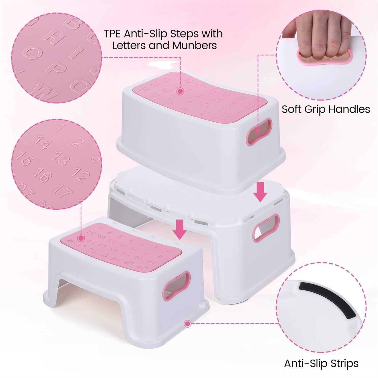 Two Step Stool for Kids with 2 PCS Faucet Extender, Babevy Toddler Step Stool for Potty Training, with Numbers/ABC and Handles - Zenithce
