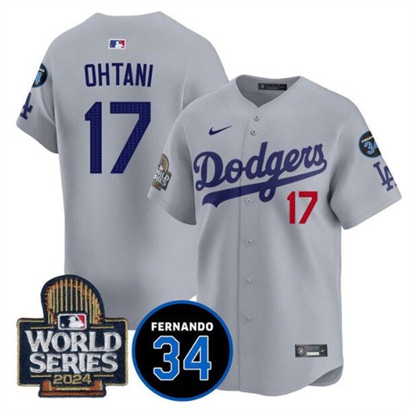 Los Angeles Dodgers #17 Shohei Ohtani Gray 2024 World Series With Fernando Memorial Patch Limited Stitched Jersey - Zenithce