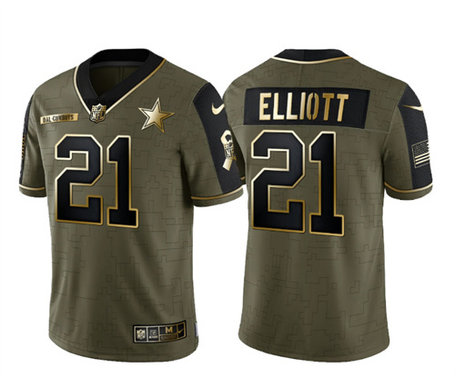 Dallas Cowboys #21 Ezekiel Elliott 2021 Olive Salute To Service Golden Limited Stitched Jersey - Zenithce