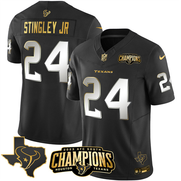 Houston Texans #24 Derek Stingley Jr. Black Golden 2023 F.U.S.E. With AFC South Champions Patch And Team Logo Patch Limited Stitched Jersey - Zenithce