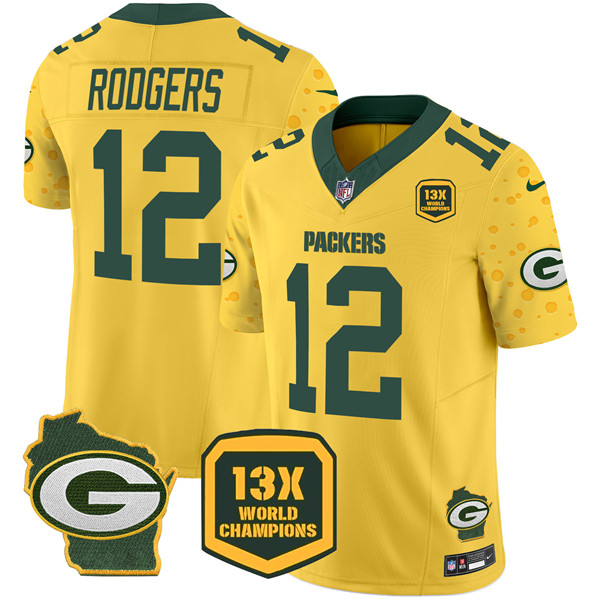 Green Bay Packers #12 Aaron Rodgers Gold 2024 F.U.S.E. 13 Time World Champions And Home Patch Vapor Untouchable Limited Stitched Jersey - Zenithce