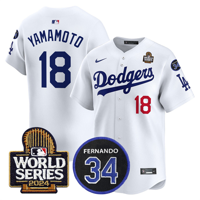Los Angeles Dodgers #18 Yoshinobu Yamamoto White 2024 World Series With Fernando Memorial Patch Limited Stitched Jersey - Zenithce