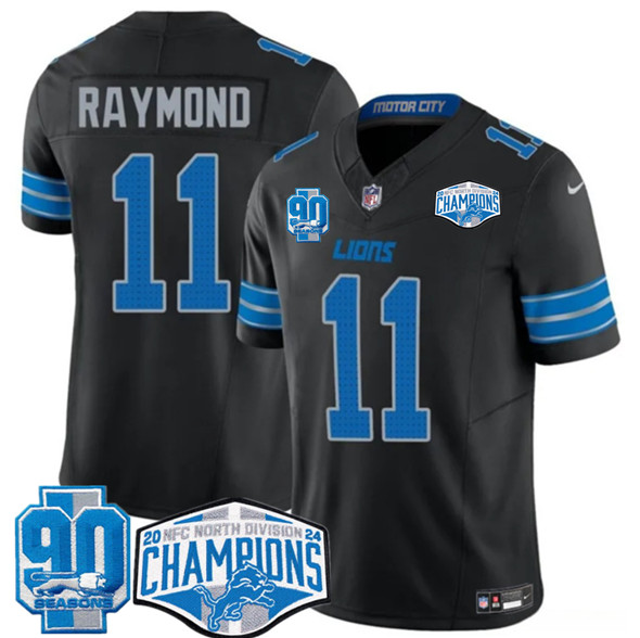 Detroit Lions #11 Kalif Raymond Black 2024 NFC North Champions 90th Anniversary Patch F.U.S.E. Vapor Limited Stitched Jersey - Zenithce